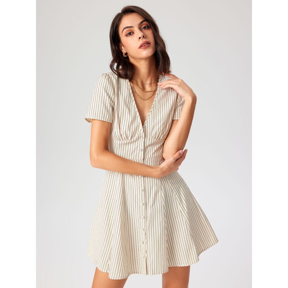 CIDER Fit Flare Dress Womens Large Tan Button Up VNeck Striped Ruffle Mini